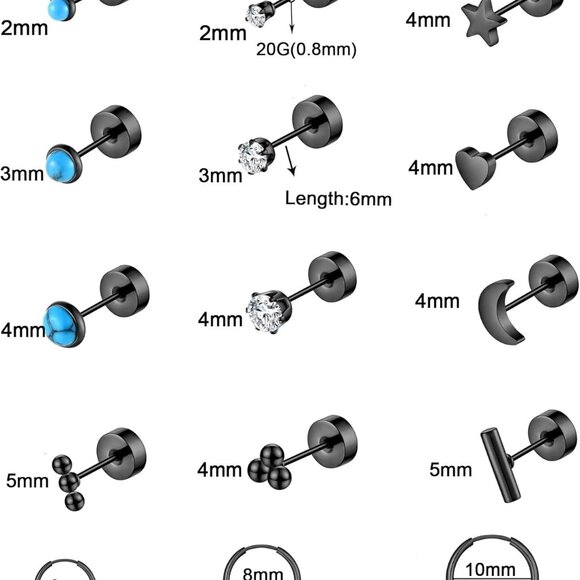 Hypoallergenic Surgical Steel Multiple Piercing Earring Set Silver Gold Black - Picture 2 of 6